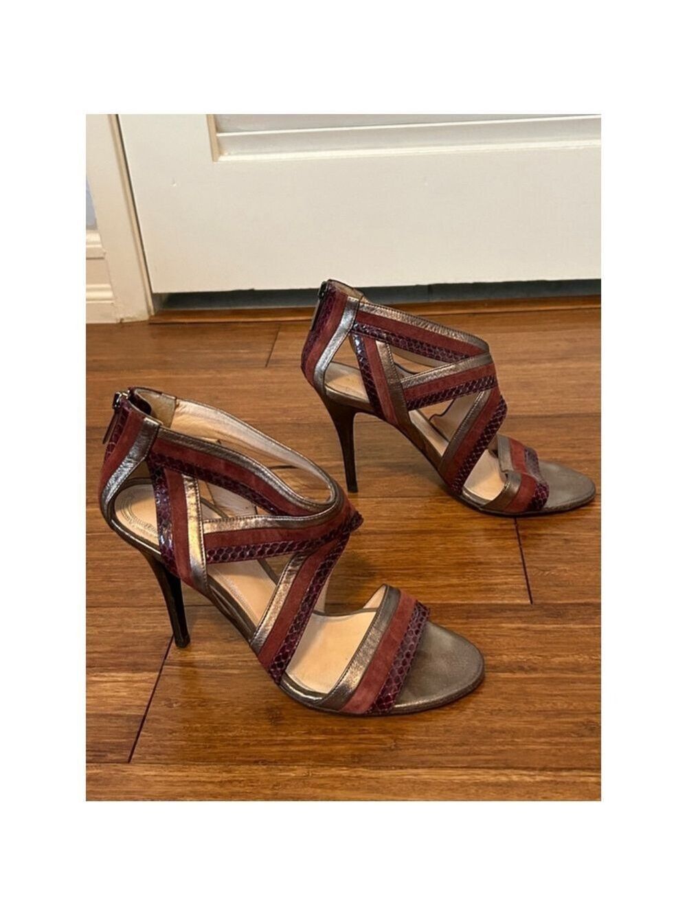 Eli Tahari Burgundy Suede & Snakeskin Stiletto Heels Sandals Size 39.5